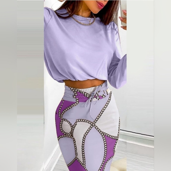 CHICME Womens 2pc Long Sleeve Top, Chain Print Color Block Skirt, Purple & White - Picture 3 of 11